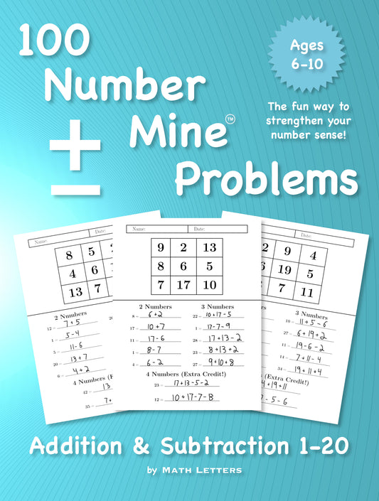 100 Number Mine Problems Addition & Subtraction 1-20 (digital PDF download)